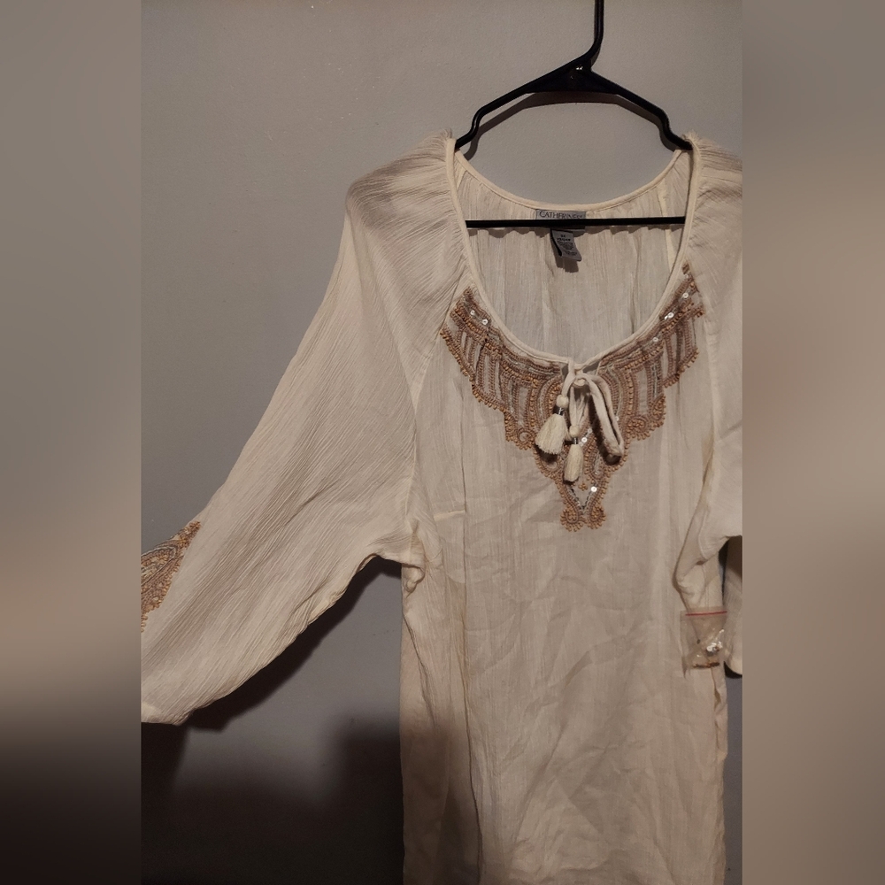 Catherines Boho Peasant Beaded Tunic Top 2X Beach Coastal Resort Festival Preppy